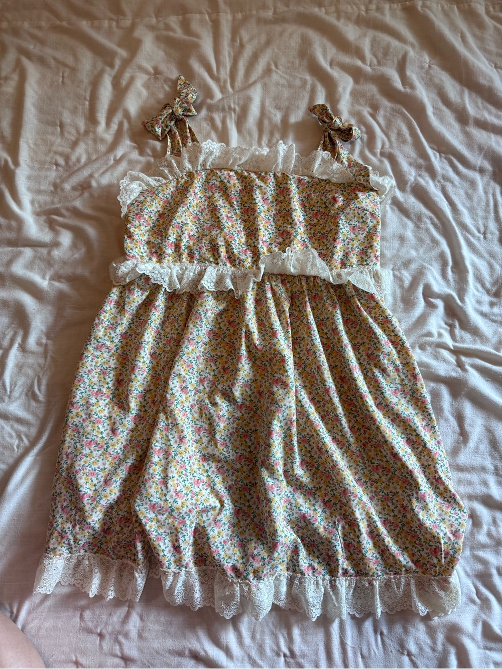 Floral Tie-Shoulder Mini Dress with Lace Trim - Yellow and Pink Floral